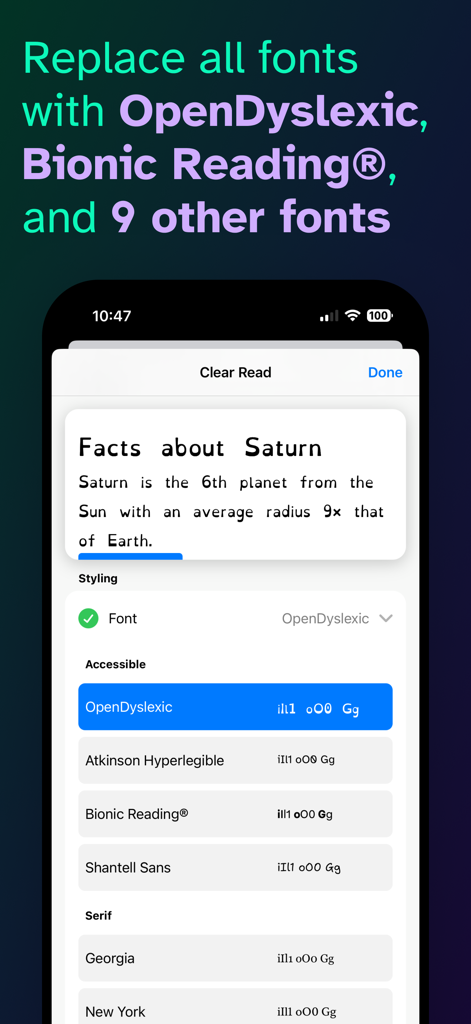 Clear Read app interface showing a list of accessible fonts including OpenDyslexic and Bionic Reading