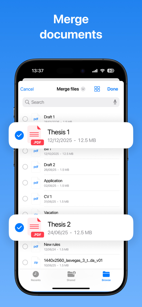 PDF Scanner - Scan & Convert - Mobile app screen showing the selection of multiple PDF files to merge them into one document.
