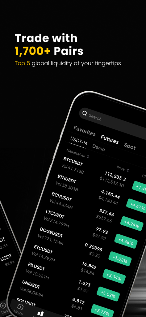 A mobile phone displaying the WEEX app futures trading interface with various cryptocurrency pairs and live price updates