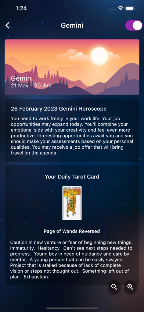 Daily Gemini horoscope and Page of Wands Reversed tarot card reading interface in the Falyolu app.
