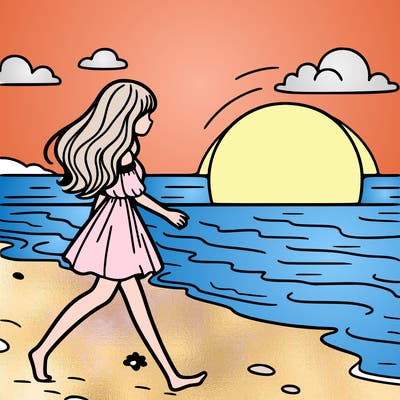 girl walking on beach at sunset