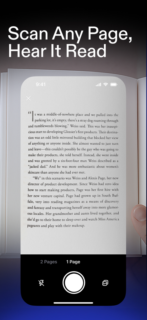 Un dispositivo mobile che utilizza l'app Speechify per scansionare la pagina di un libro fisico da leggere ad alta voce.