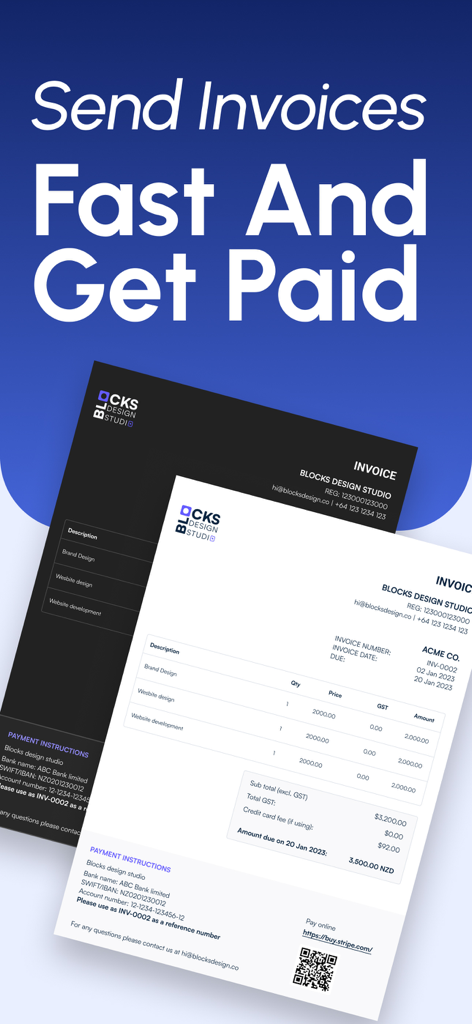 AI Invoice Maker & Receipt - サービスリストと支払い指示付きのサンプルプロフェッショナル請求書