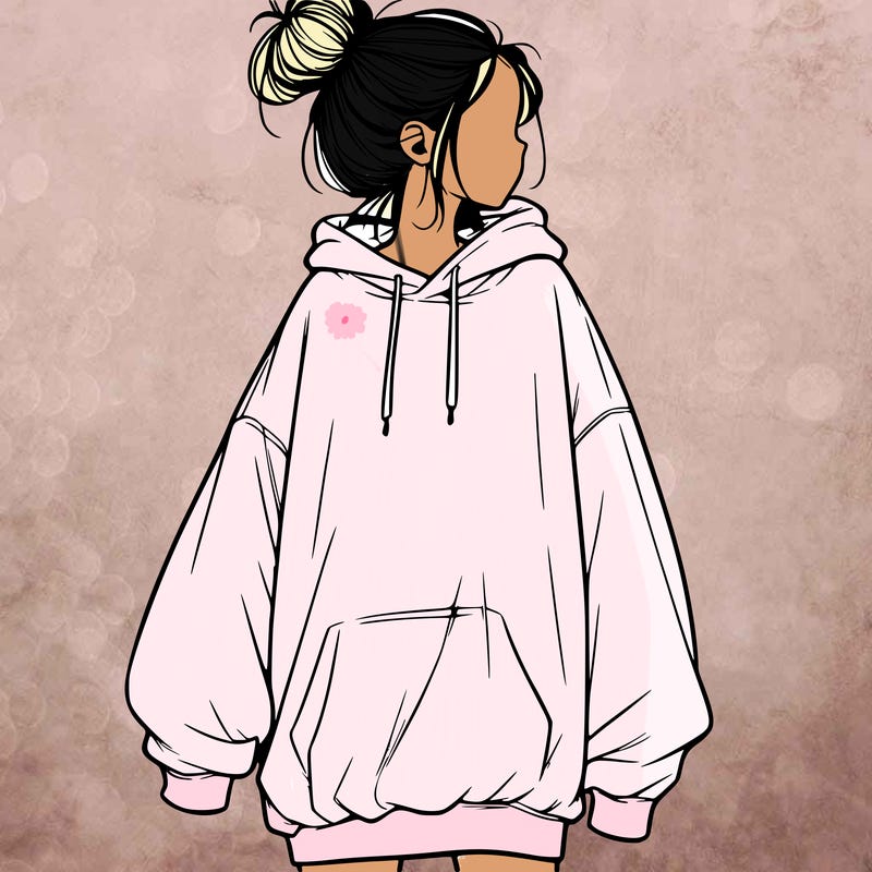 realistic girl with a oversized sweatshirt on and a bun