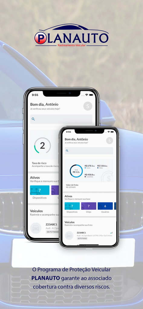 Dashboard of Planauto vehicle tracking app showing fleet management and security data