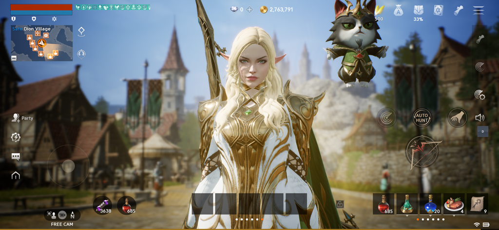 Lineage2M - Un personaje elfo femenino de alta fidelidad con armadura dorada en Lineage2M