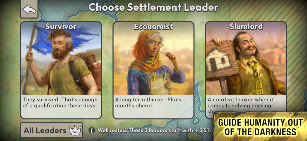 After Inc. - A character selection screen in After Inc featuring a Survivor Economist and Slumlord to lead a settlement