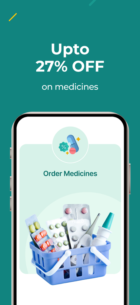 PharmEasy app screenshot showing a promotion of up to 27 percent off on medicine orders with a shopping basket icon full of healthcare products.