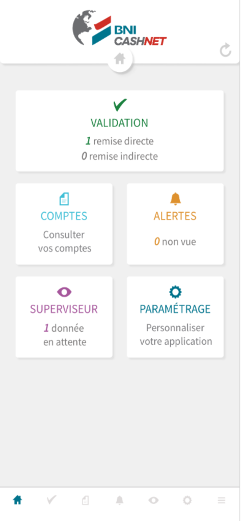 Tableau de bord de l'application mobile BNI CashNet avec des alertes de validation et des sections de gestion de compte