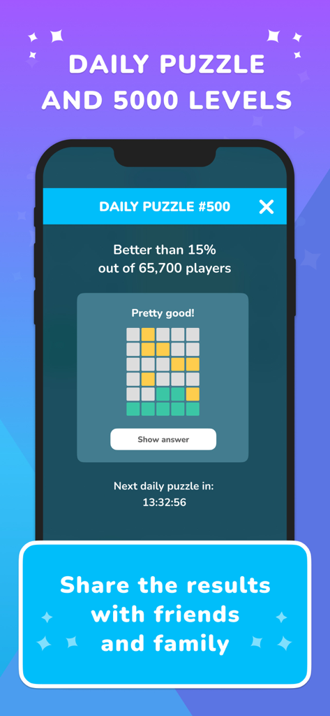 Word Yoga - Unlimited & Daily - Word Yoga app screen showing daily puzzle results and sharing options