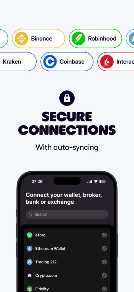 Delta by eToro - Interface de l'application Delta montrant la synchronisation automatique sécurisée avec les courtiers et les échanges de cryptomonnaies