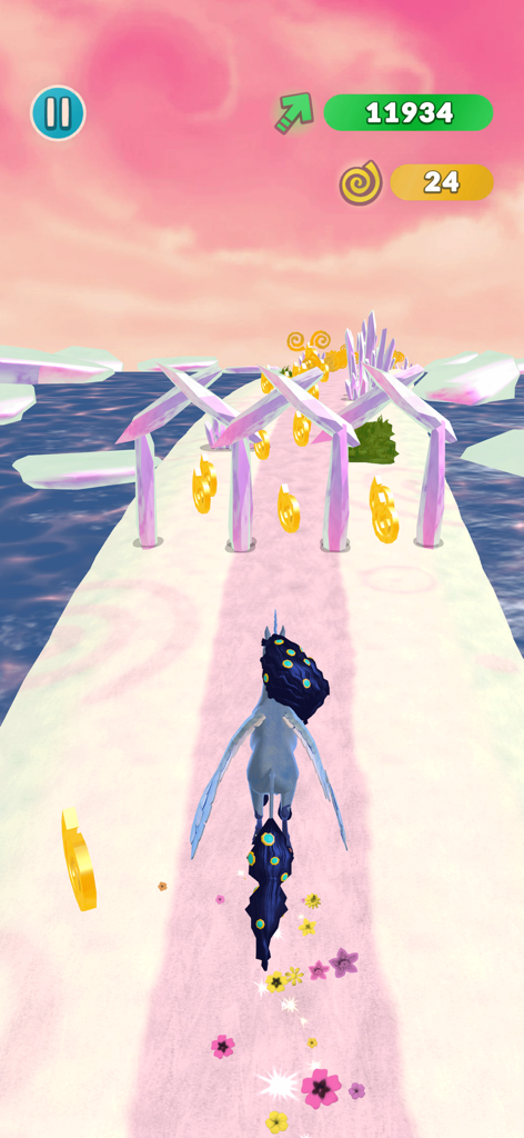 A winged unicorn running on a magical track in Centopia collecting golden items.