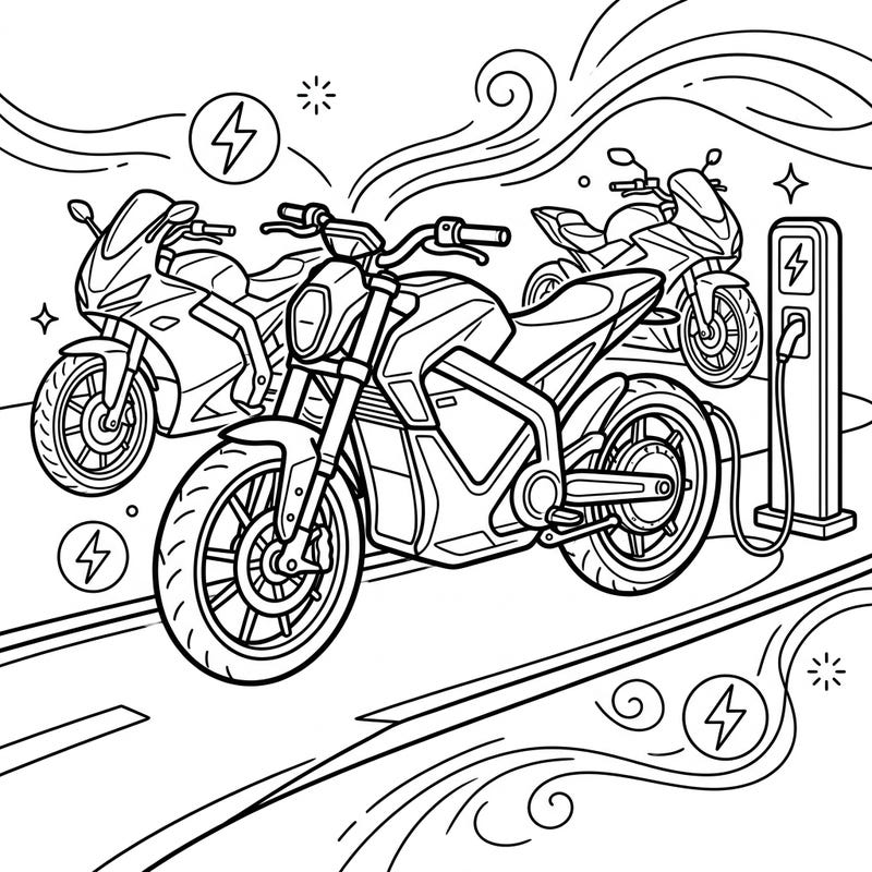 Get ready for an eco-friendly adventure with our exciting electric motorcycle coloring page! Kids will love bringing these modern bikes and their charging stations to life with vibrant colors.