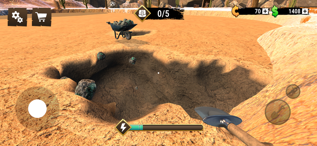Wild West Miner - Gold Rush 3D - First person perspective of a player using a shovel to dig a hole in the desert for gold nuggets