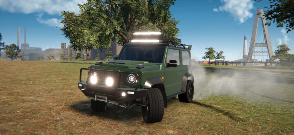 A green customized off-road SUV drifting on grass in an open world environment