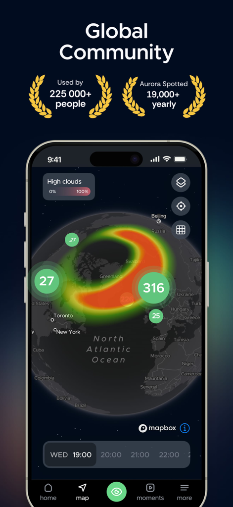 Interface de l'application Hello Aurora montrant une carte mondiale avec les prévisions d'aurores boréales et les rapports d'observation de la communauté