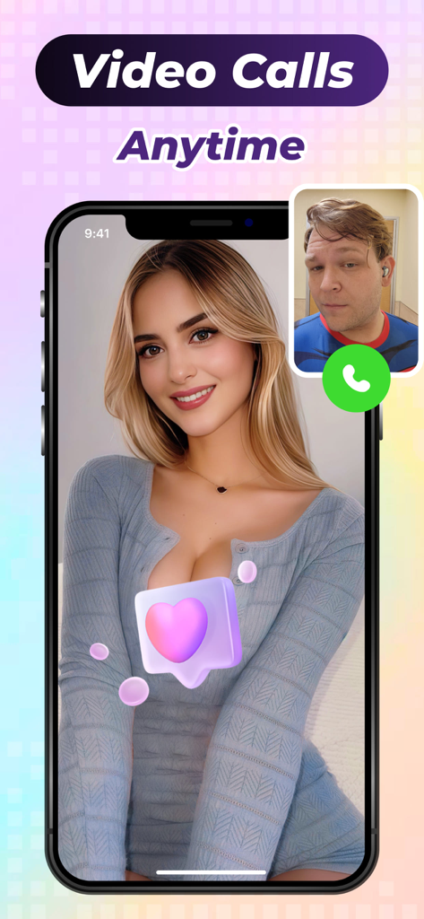 Nina - Live Chat, Meet Girls - A smartphone screen displaying a live video call between a man and a woman in the Nina app with the text Video Calls Anytime