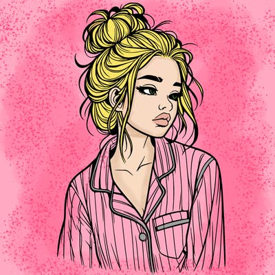 realistic woman with pajamas on and a messy bun