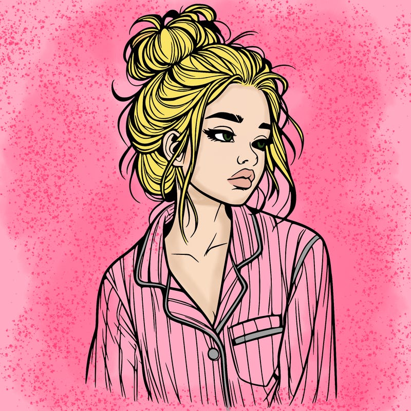 realistic woman with pajamas on and a messy bun