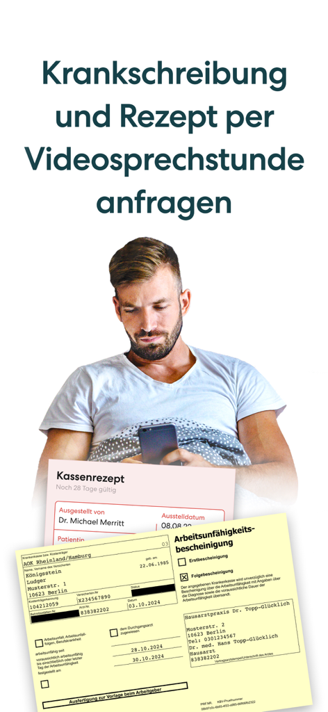 TeleClinic - Online Arzt - A man in bed using his smartphone to request a medical sick note and prescription through a video consultation