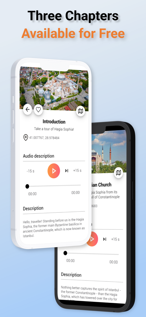 Audio Guide to Hagia Sophia - Interface of the Hagia Sophia audio guide app showing free chapters and tour descriptions