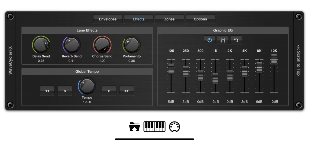 EvolverFX AUv3 Audio Plugin - EvolverFX interface displaying lane effects knobs and an 8 band graphic equalizer