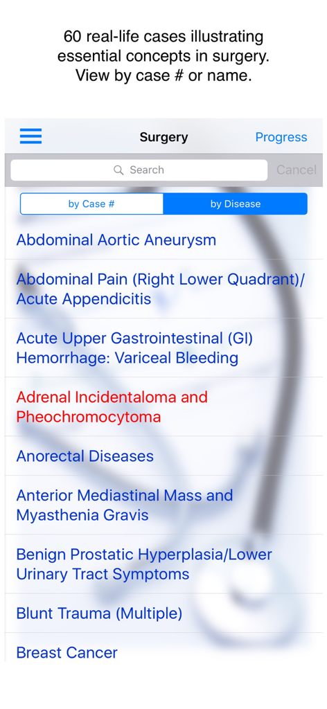 Case Files Surgery app interface showing a list of clinical surgical cases.