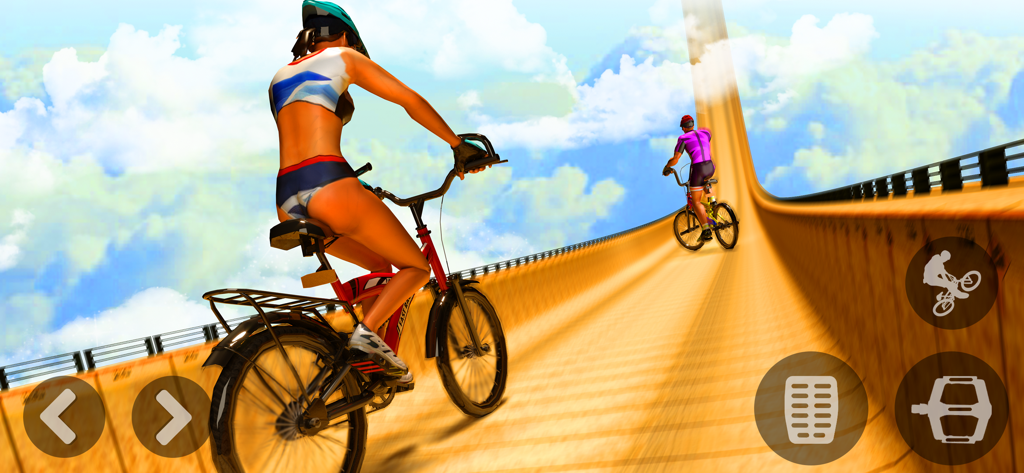 Un ciclista montando una bicicleta en una mega rampa gigante en el cielo en un juego de acrobacias de BMX.