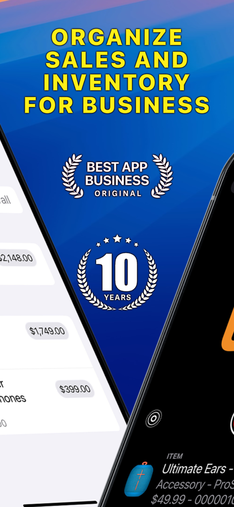 Cash Register for Business - Promotional graphic for Cash Register for Business app highlighting sales and inventory organization with a 10-year excellence award seal.