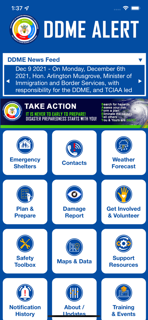 DDME Alert - Oberfläche der DDME Alert-App mit Schaltflächen für Notunterkünfte, Wettervorhersagen und Sicherheitswerkzeugkästen.
