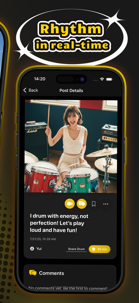 A smartphone screen showing a drummer post with video chat and messaging options in the Dark app