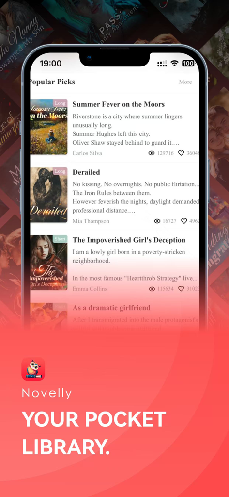 Novelly X - Smartphone display showing the Novelly X app with a list of trending romance and thriller novels.