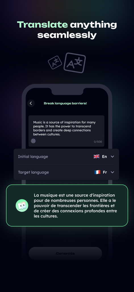 Screenshot of the HelpMe AI student assistant app showing its English to French translation interface.