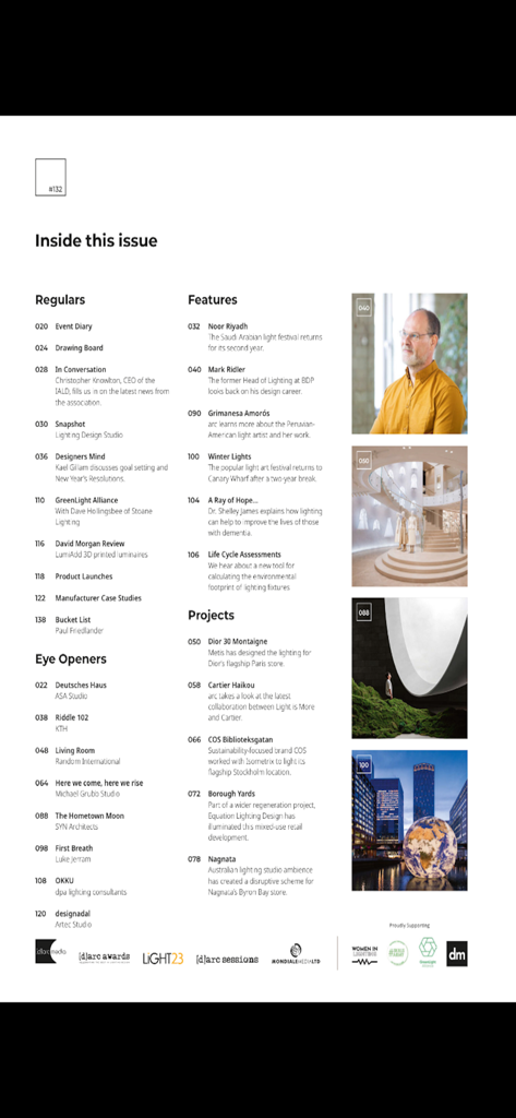 arc Magazine - Table of contents for arc magazine showing lighting design articles and featured projects.