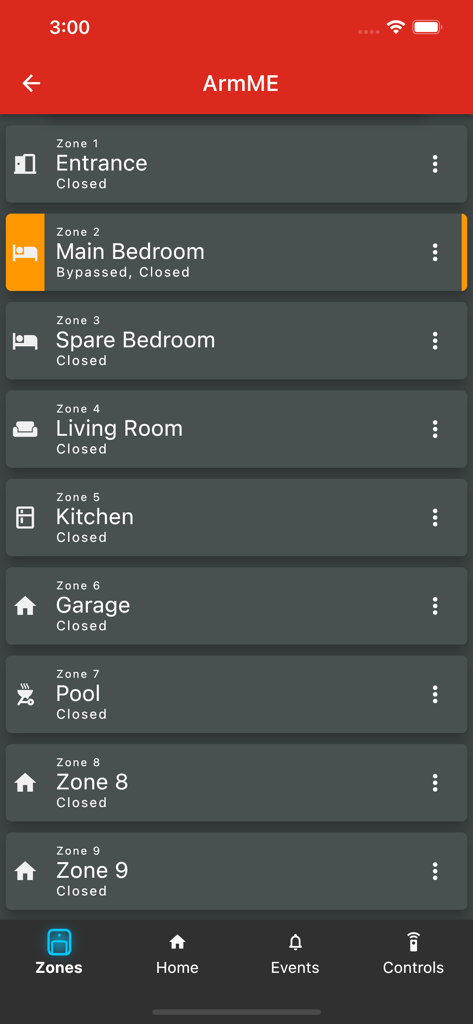 ArmME Security App - Écran des zones de l'application de sécurité ArmME affichant les statuts de l'entrée, des chambres et du salon