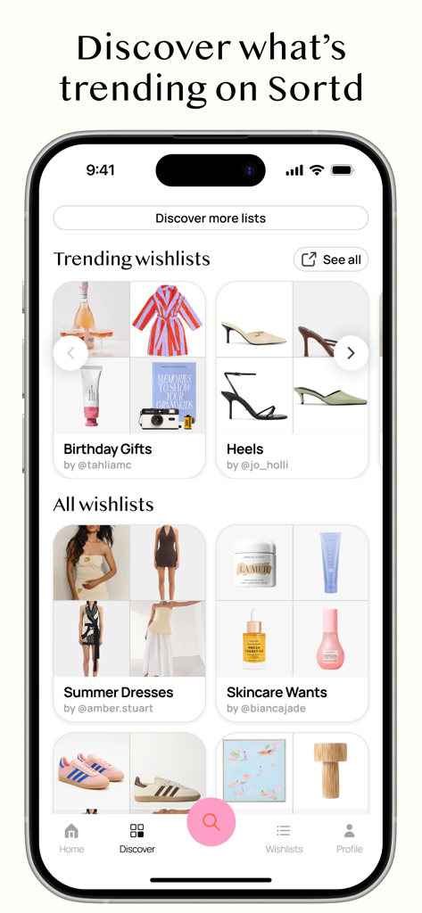 Discover trending wishlists on the Sortd shopping app interface showing curated fashion and beauty collections