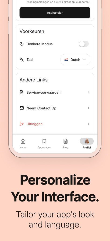 Huisly - The Huisly app profile screen displaying language and dark mode settings for interface personalization.