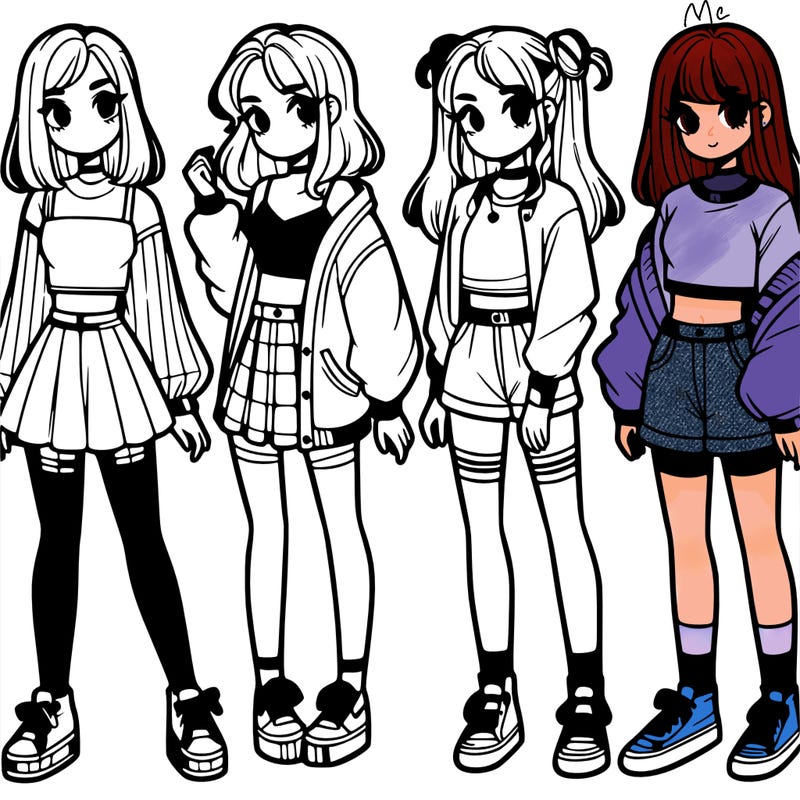 one girl with crop-top shirt and a jacket with a skirt, long socks and another girl with a shirt and pants with a jacket