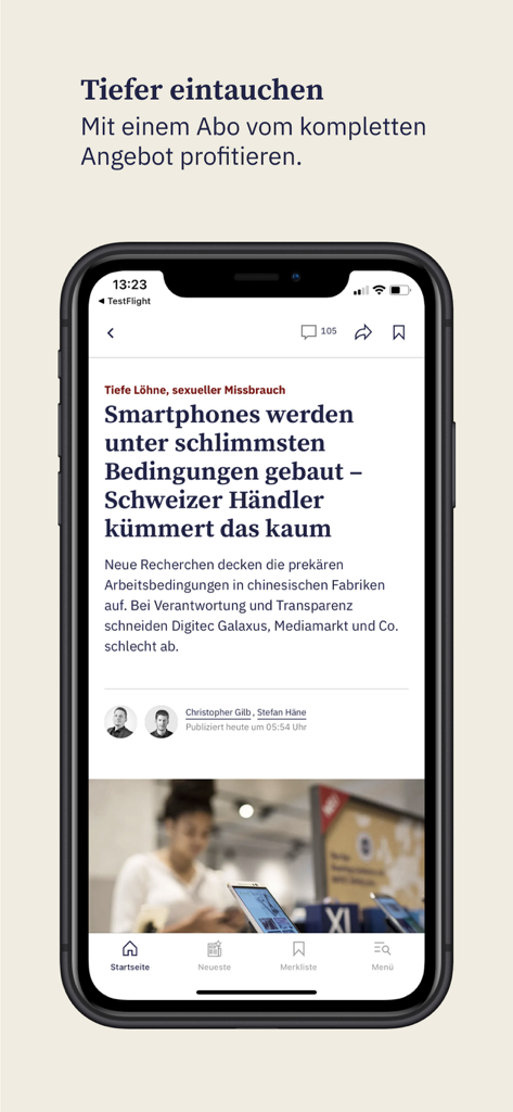 Application mobile BZ Berner Zeitung affichant un article de presse détaillé sur un écran de smartphone