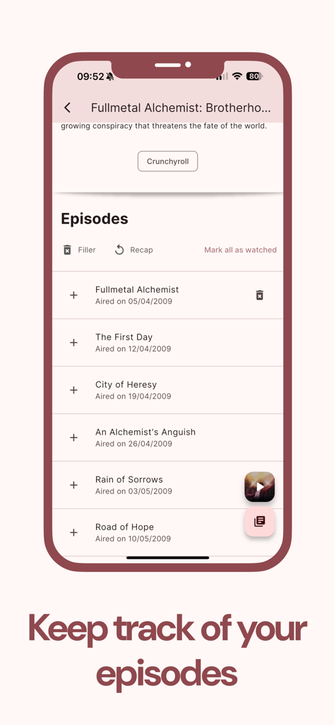 Otaku - Anime & Manga - Interfaz de la aplicación Otaku que muestra una lista de episodios de anime con etiquetas de relleno y resumen