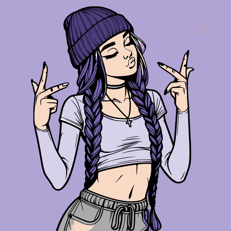 realistic teenage girl with braids and a beanie and crop top doing 🫶🏼