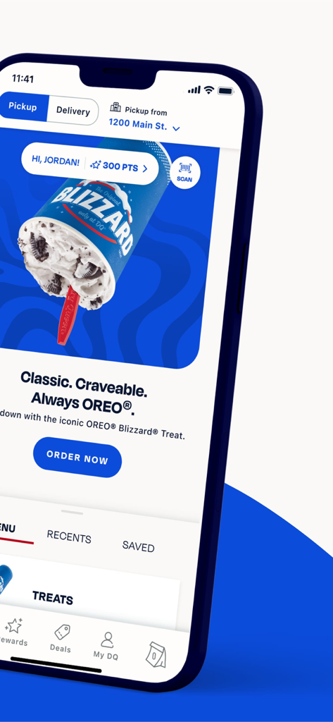 Dairy Queen® Food & Treats - Interfaz de la app móvil Dairy Queen con un Oreo Blizzard y puntos de recompensa