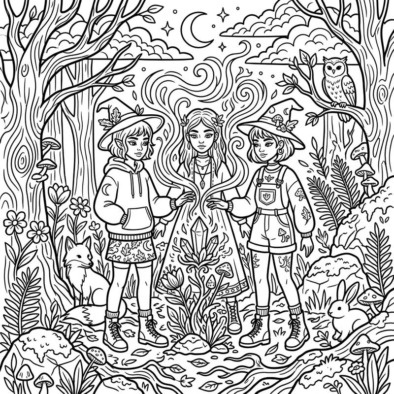 Dive into a magical world with this captivating coloring page featuring three trendy teen nature witches. Channel your inner artist as you bring this enchanting forest scene to life with your favorite colors.