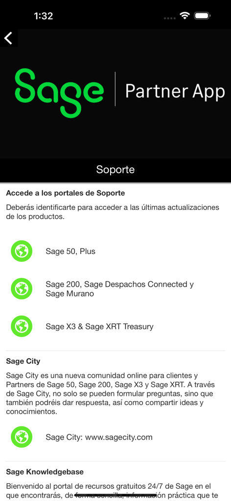 Sage Partner App - Support portal interface in the Sage Partner App listing various Sage software products