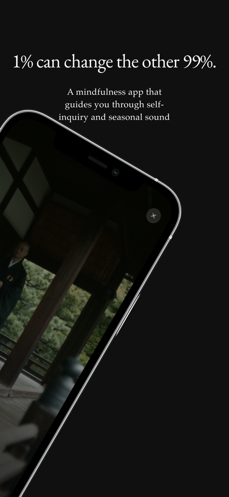 InTrip 젠 명상 앱 소개 화면, 마음챙김 명언 및 사원 이미지 포함