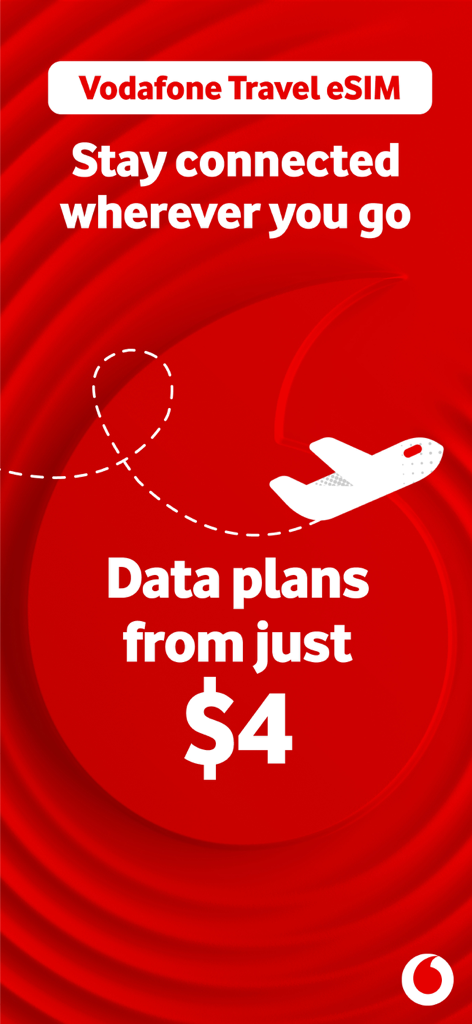 Vodafone Travel - Vodafone Travel eSIM promotional screen showing data plans from 4 dollars and an airplane graphic
