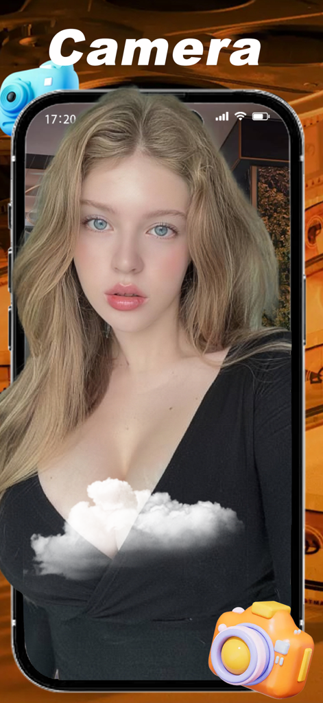 Una giovane donna in una foto ritratto all'interno dell'interfaccia della fotocamera dell'app Fotzy con effetti filtro estetici