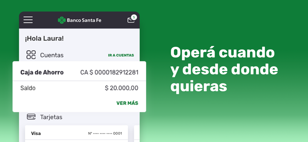 APP Banco Santa Fe - Interfaz de la aplicación móvil de Banco Santa Fe que muestra el saldo de la cuenta y el panel de tarjetas bancarias