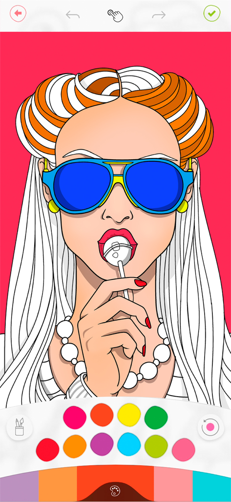 Page de coloriage numérique de style pop art représentant une femme avec des lunettes de soleil et une sucette dans l'application Colorfy