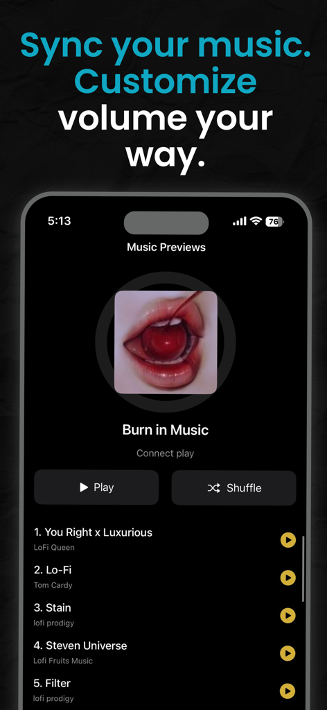 A mobile app interface showing a music previews screen with a playlist titled Burn in Music and a dark mode design.